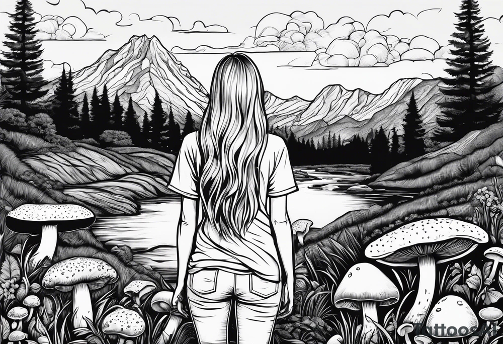 Straight long blonde hair hippie girl in distance holding mushrooms in hand facing away toward mountains and creek surrounded by mushrooms tee shirt hiking pants

Circular picture tattoo idea