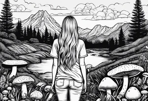 Straight long blonde hair hippie girl in distance holding mushrooms in hand facing away toward mountains and creek surrounded by mushrooms tee shirt hiking pants

Circular picture tattoo idea