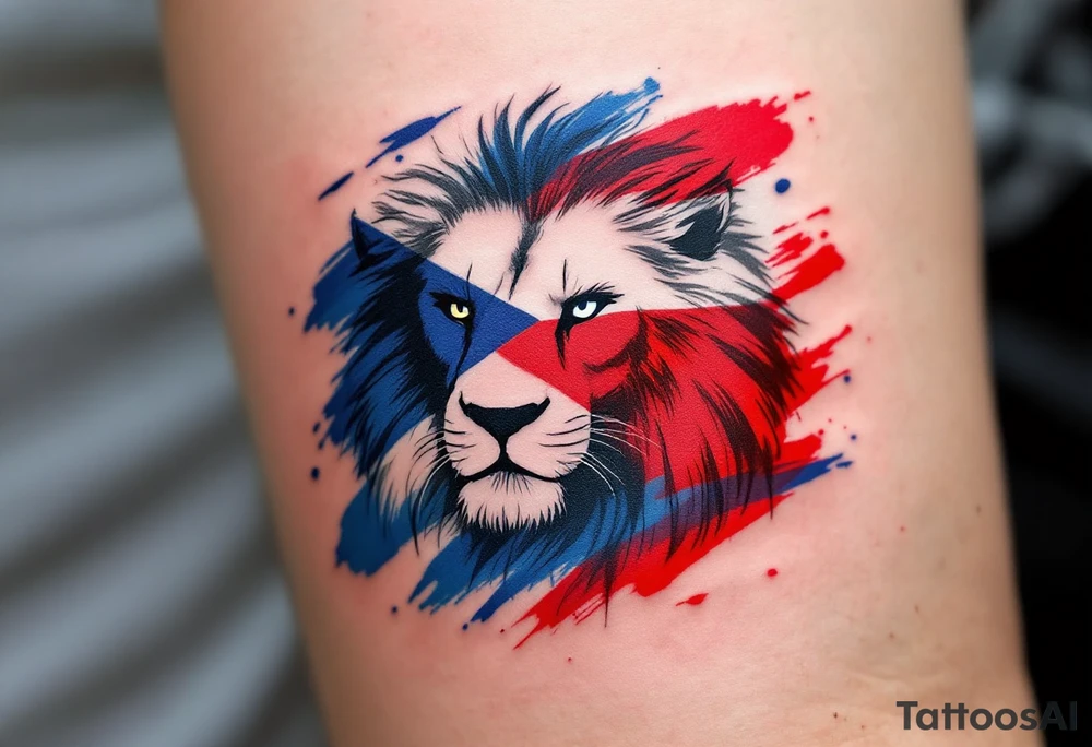 A silhouette of a Czech lion within a waving Czech flag, with red and blue brush strokes adding movement and energy. tattoo idea