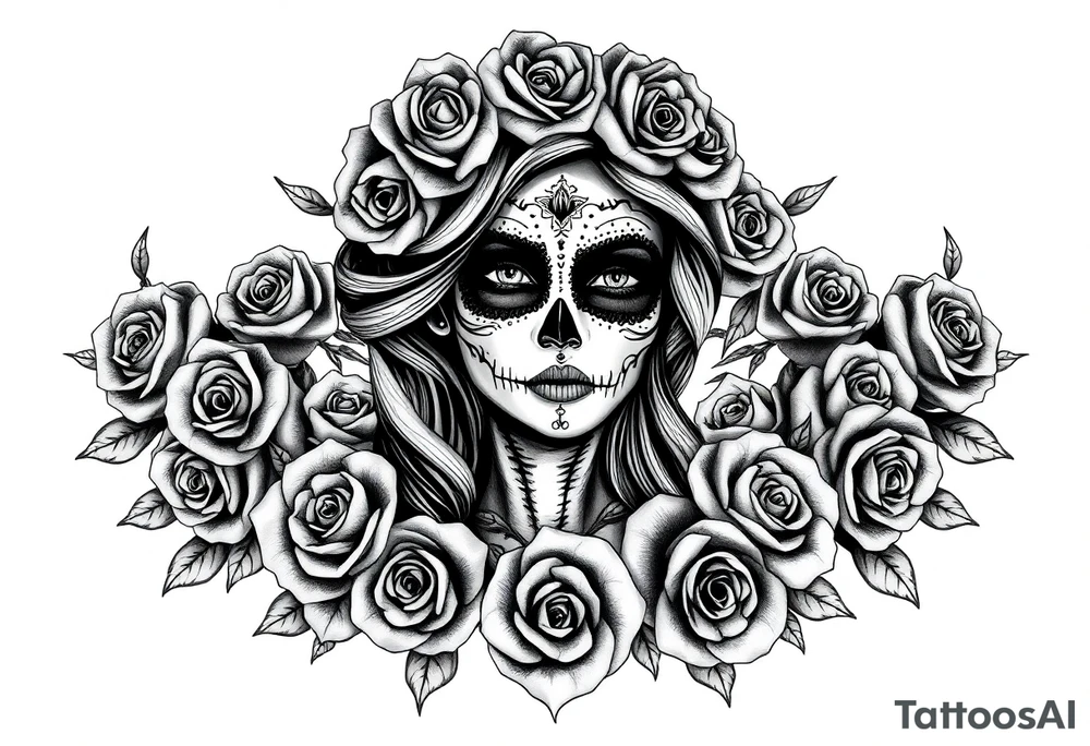 Powerful and beautiful day of the dead female,  surrounded by unclaimed souls and roses tattoo idea