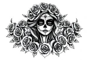 Powerful and beautiful day of the dead female,  surrounded by unclaimed souls and roses tattoo idea