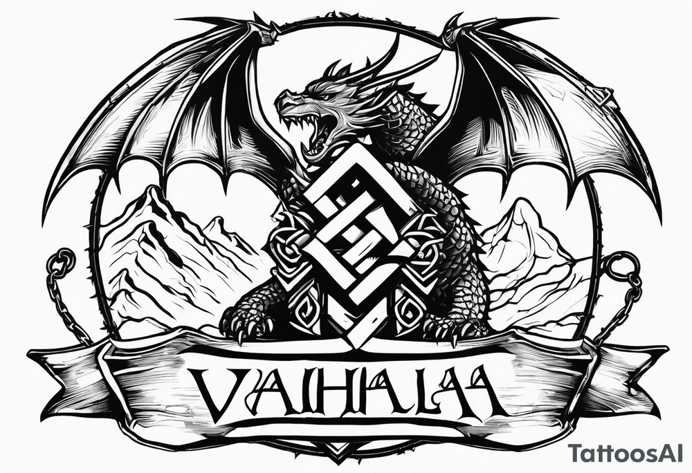 Valhalla sword shield dragon axe Valknut barbed wire chains tattoo idea Valhalla sword shield dragon axe Valknut barbed wire chains tattoo idea