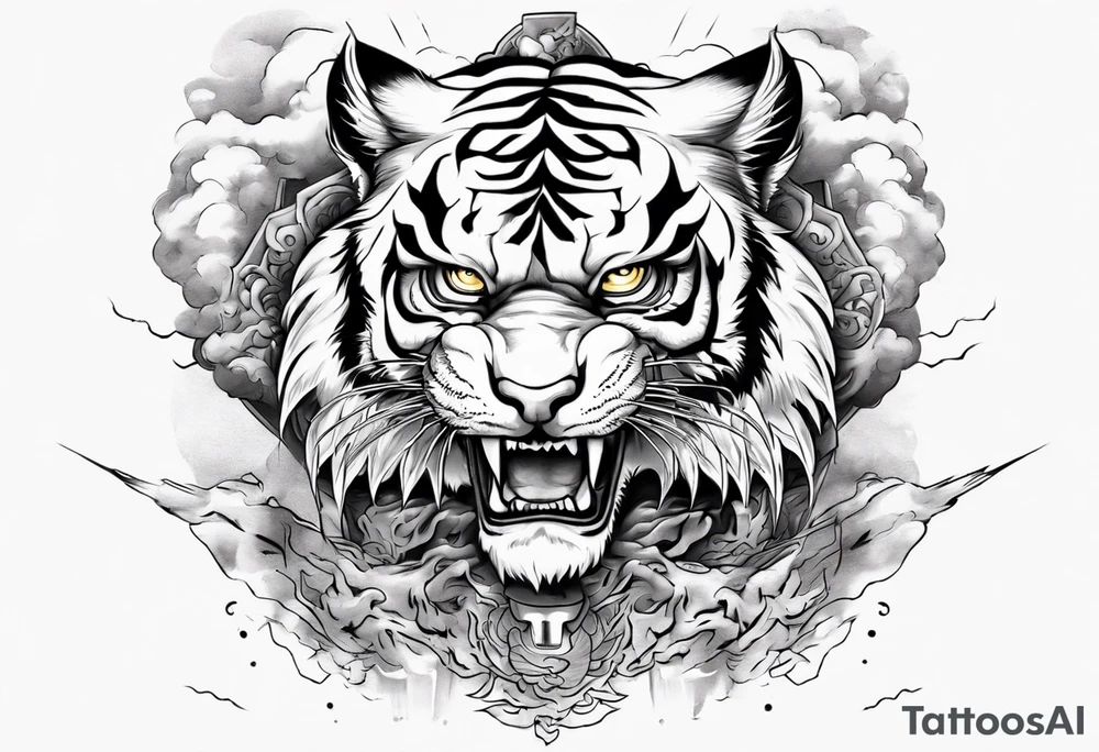 tiger warrior with lightning and the sun for a forearm sleeve tattoo idea