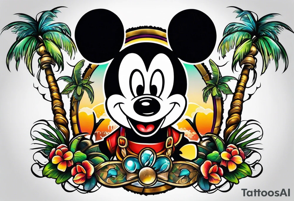 mickey mouse palm tree sleeve tattoo tattoo idea