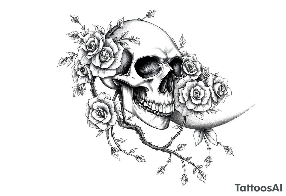 gothic skull intertwined with climbing roses and thorny vines tattoo idea
