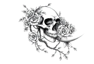 gothic skull intertwined with climbing roses and thorny vines tattoo idea