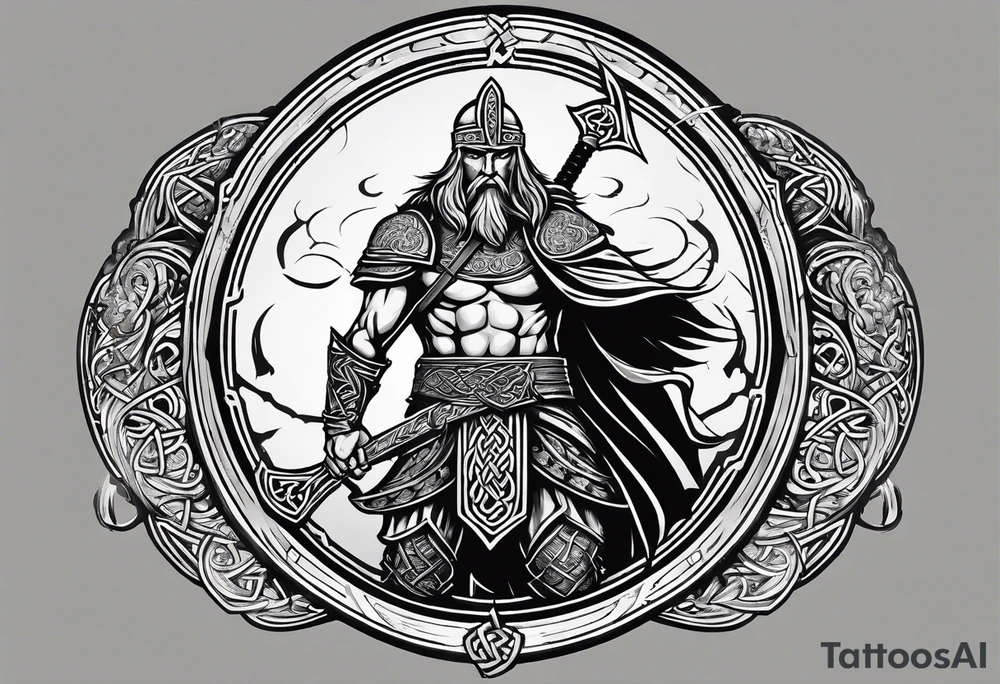 Side facing full body shot of Celtic warrior with weapon unsheathed. tattoo idea