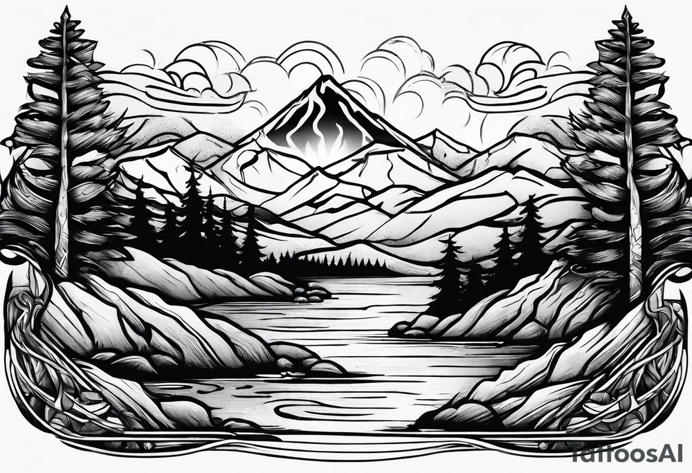 Line art sun mountain water tattoo idea