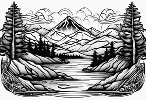 Line art sun mountain water tattoo idea
