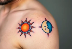 Matching sun and moon tattoos for father and kid in warm orange and cool blue signify balance and harmony between father and kids. tattoo idea