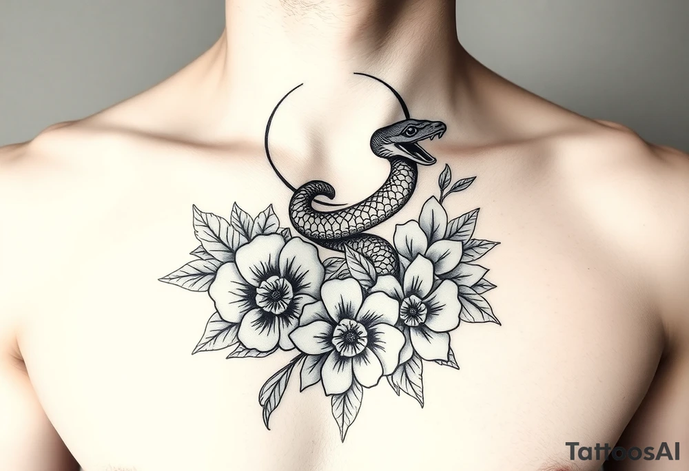 A snake slithering in different flowers with a crescent moon in the background, it should be meant for a shoulder tattoo tattoo idea