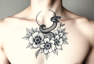 A snake slithering in different flowers with a crescent moon in the background, it should be meant for a shoulder tattoo tattoo idea