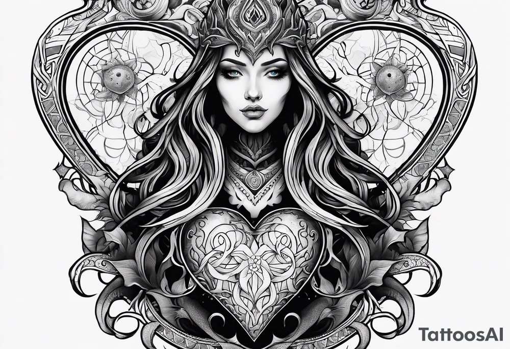 Long tattoo for arm. Lovecraftian creature, protecting a heart. Ctulhu. tattoo idea