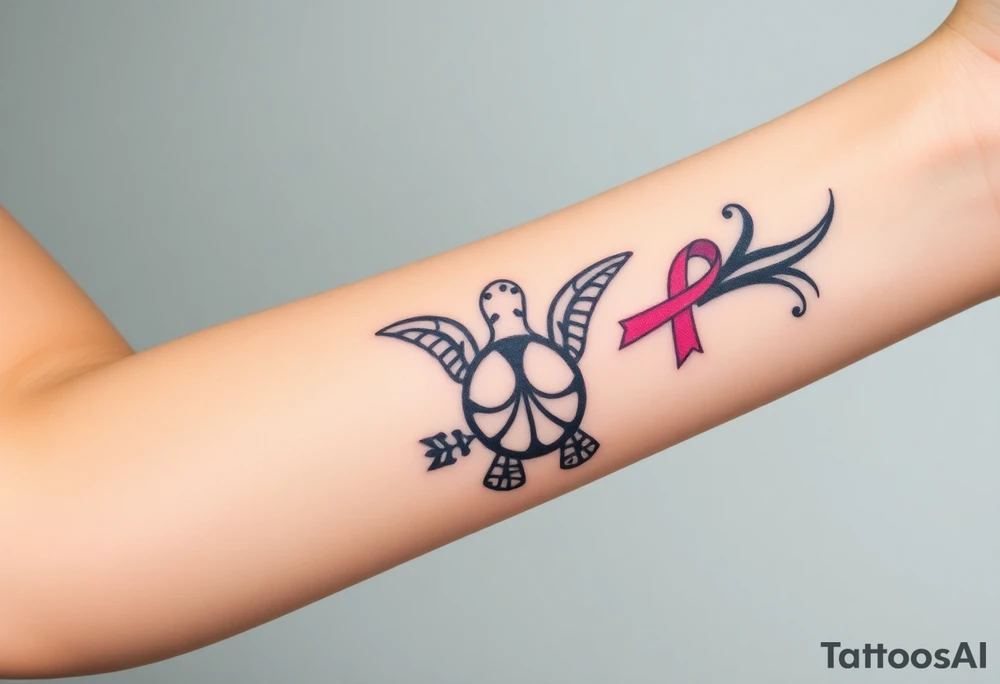 ‘I am here’ with breast cancer pink ribbon as I with Hawaiian theme sea turtle tattoo idea