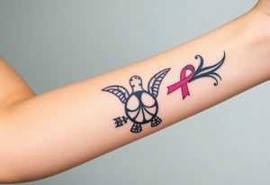 ‘I am here’ with breast cancer pink ribbon as I with Hawaiian theme sea turtle tattoo idea