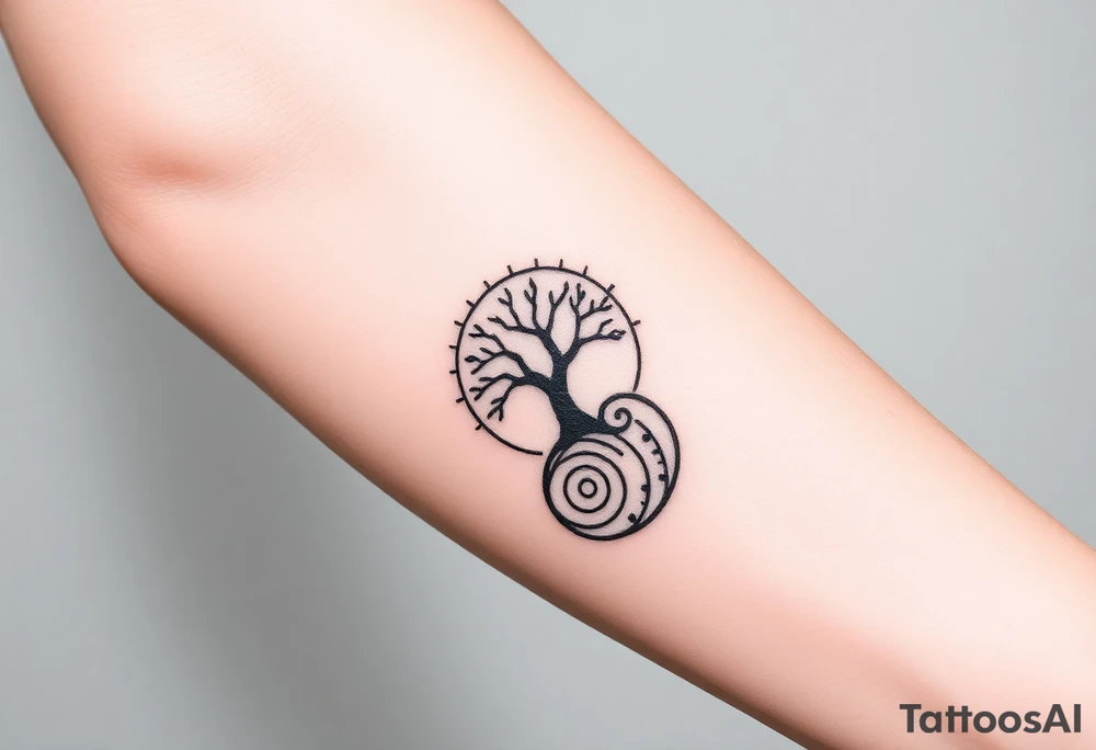 Tree inside of sun, spiral circle roots. A spiral line moving to the right tattoo idea