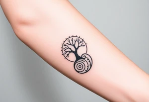 Tree inside of sun, spiral circle roots. A spiral line moving to the right tattoo idea