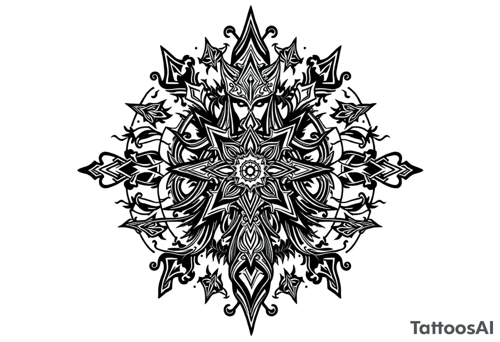 mystical dark and long ornament with shaman and witch style and ancient rhyme tattoo idea