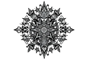 mystical dark and long ornament with shaman and witch style and ancient rhyme tattoo idea