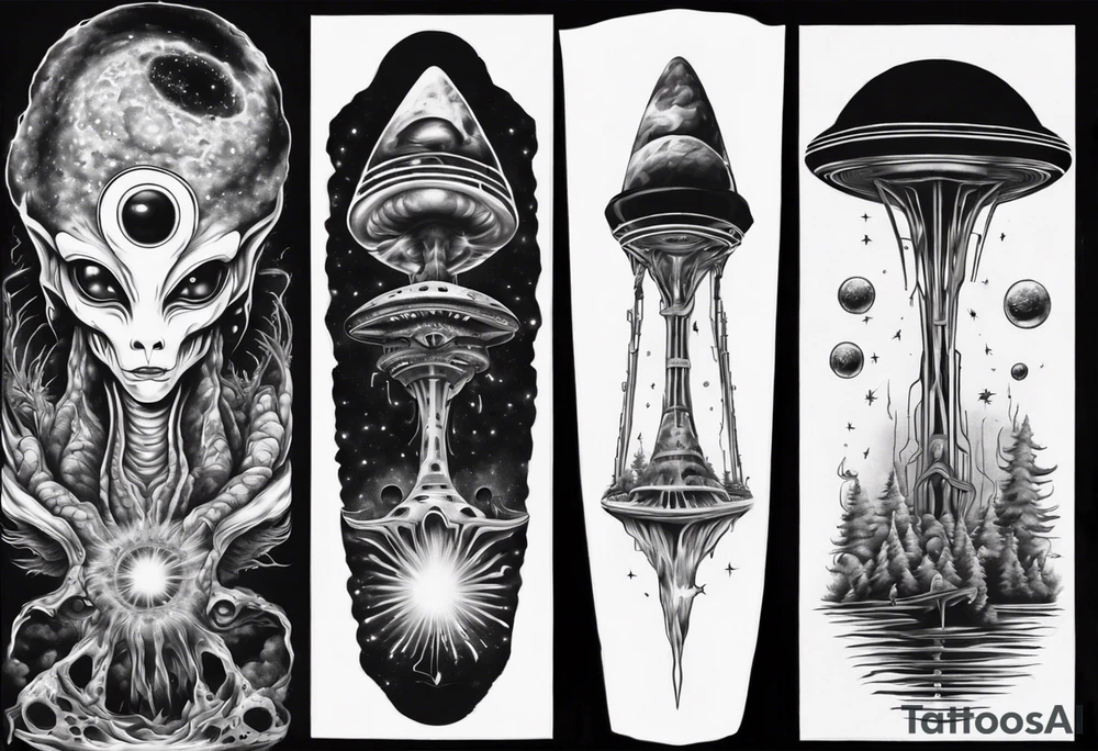Trippy alien/ufo scene fractals dark for a leg sleeve tattoo tattoo idea