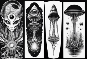 Trippy alien/ufo scene fractals dark for a leg sleeve tattoo tattoo idea