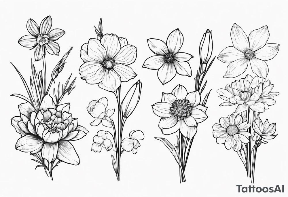 Narcissus, Chrysanthemum, Cosmos, snow drop that shows all the flower stems for the back of the arm. All in one bouquet. Fine line tattoo idea