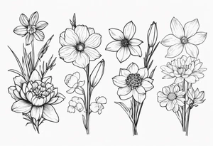 Narcissus, Chrysanthemum, Cosmos, snow drop that shows all the flower stems for the back of the arm. All in one bouquet. Fine line tattoo idea