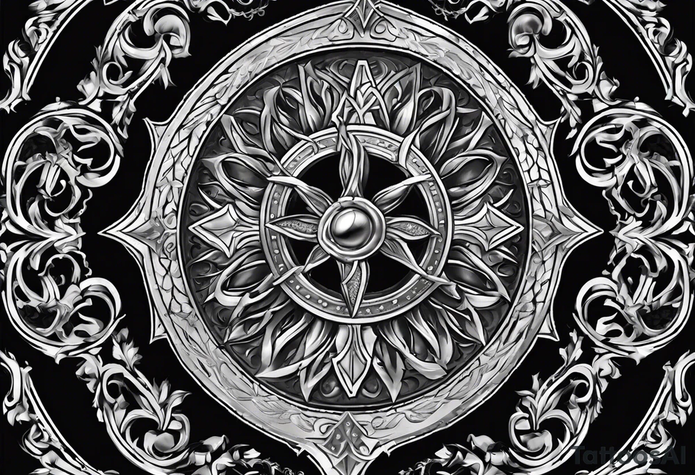 A beautifully adorned shield with a subtle crown of thorns encircling it, radiating an aura of divine power. tattoo idea