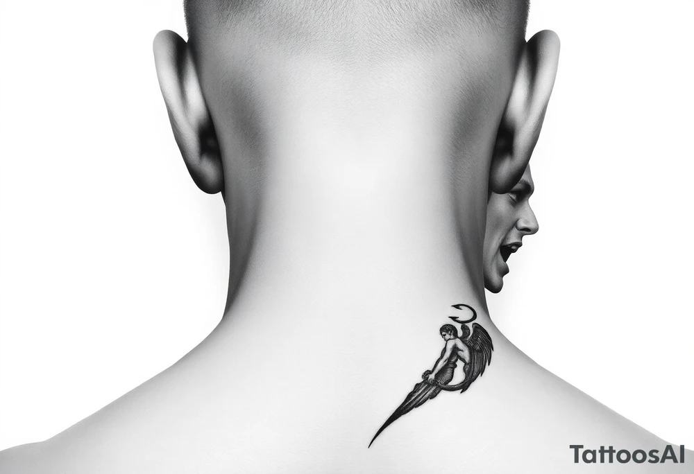 position behind the neck Angel (on the right) whispering in the right ear, demon (on the left) whispering in the left ear. It must be as realistic as possible. tattoo idea