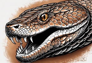 Copperhead with just the head turned up and mouth open, two fangs, black and white drawing with copper colored eye tattoo idea