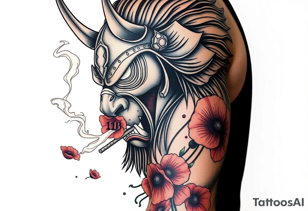 Ronin with smoke coming out of its mouth with 11b tattooed under its left eye with 1 poppy on each side of the ronin tattoo idea