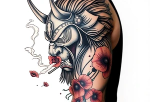 Ronin with smoke coming out of its mouth with 11b tattooed under its left eye with 1 poppy on each side of the ronin tattoo idea