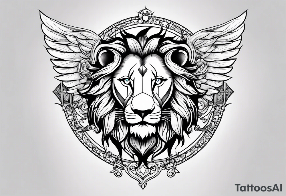 lion clock rose cross chain wing tattoo idea