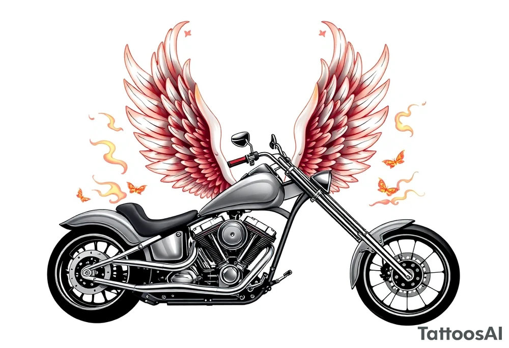 Low rider grey motorcycle, flames, angel wings tattoo idea