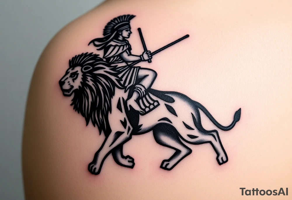 African warrior riding on top of lion into battle tattoo idea
