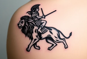 African warrior riding on top of lion into battle tattoo idea