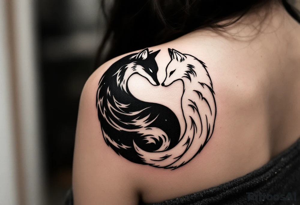 A black and white yin-yang formed by curled foxes on both partners shoulder blade. tattoo idea