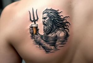 neptune with trident half way in calm water with a beer tattoo idea