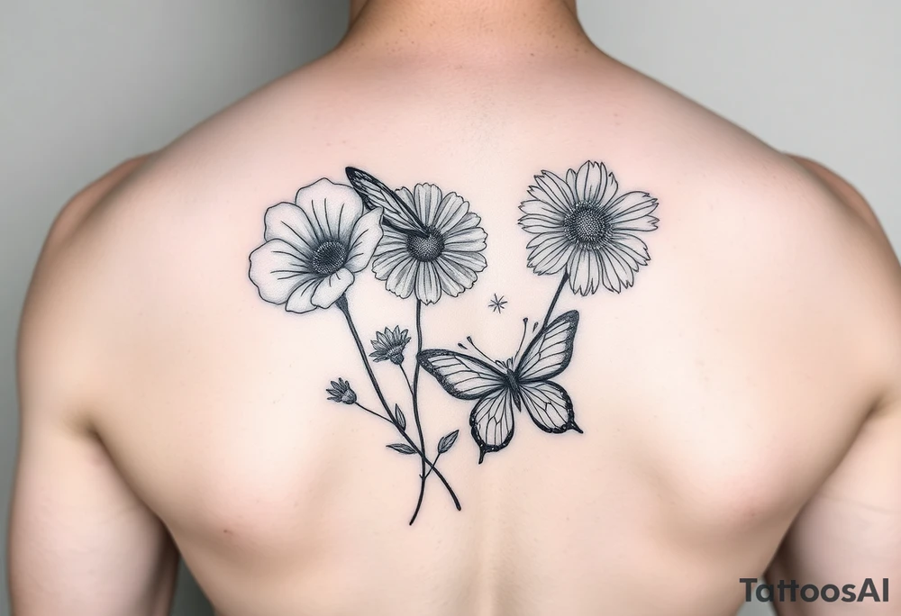 black fine line tattoo of an sweet pea, aster and cosmos flowers with a butterfly tattoo idea