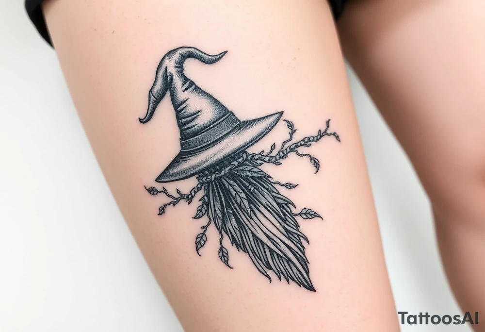 Which is broom with a witches hat with vines and feathers 
Smaller broom with hat placed on top or in the middle
Feminine and on a leg tattoo idea