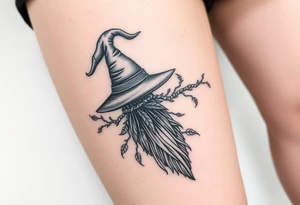 Which is broom with a witches hat with vines and feathers 
Smaller broom with hat placed on top or in the middle
Feminine and on a leg tattoo idea