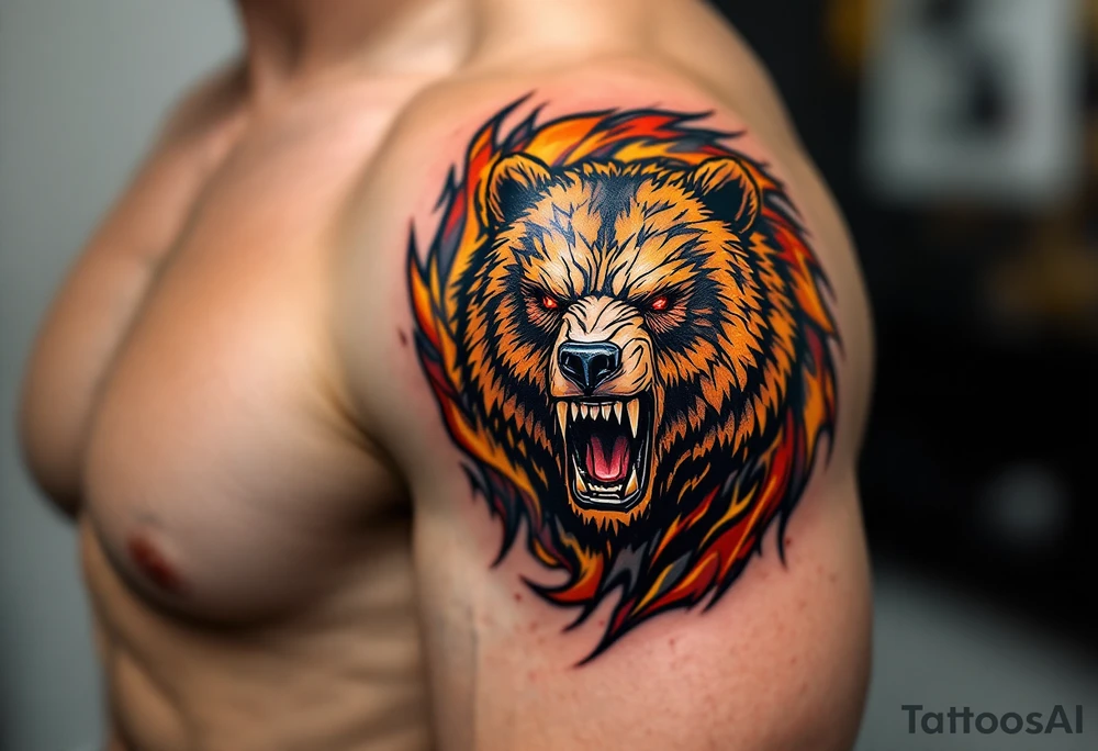 A roaring bear with HC Sparta's logo branded on its shoulder in gold and crimson. tattoo idea