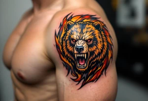 A roaring bear with HC Sparta's logo branded on its shoulder in gold and crimson. tattoo idea