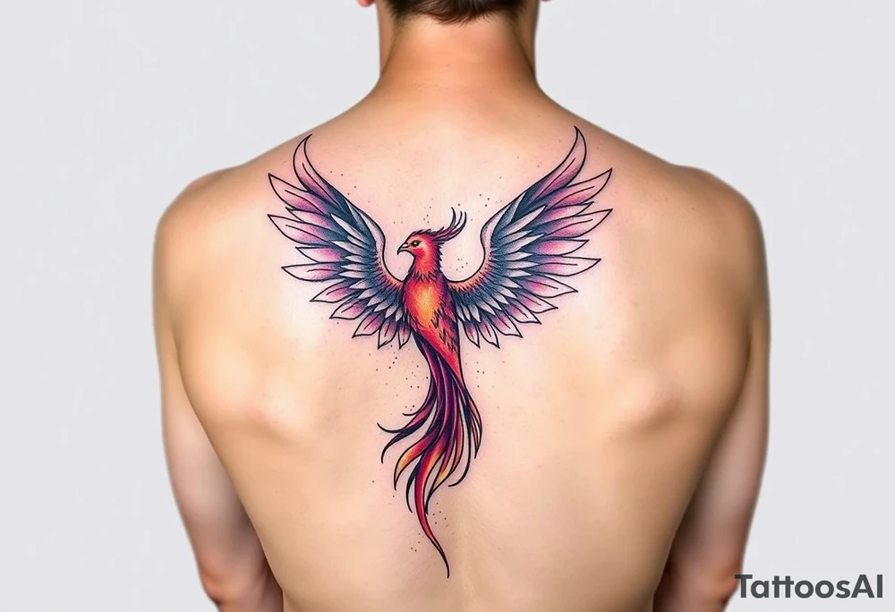 Phoenix with purple red and yellow color located on the lower back tattoo idea