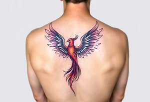 Phoenix with purple red and yellow color located on the lower back tattoo idea