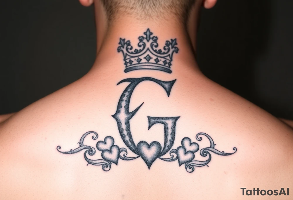 Letter G with a king crown and hearts tattoo idea