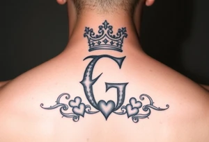 Letter G with a king crown and hearts tattoo idea