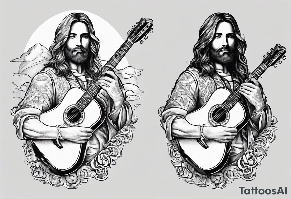 Guitar coffee rifle cross Jesus country boy tattoo idea