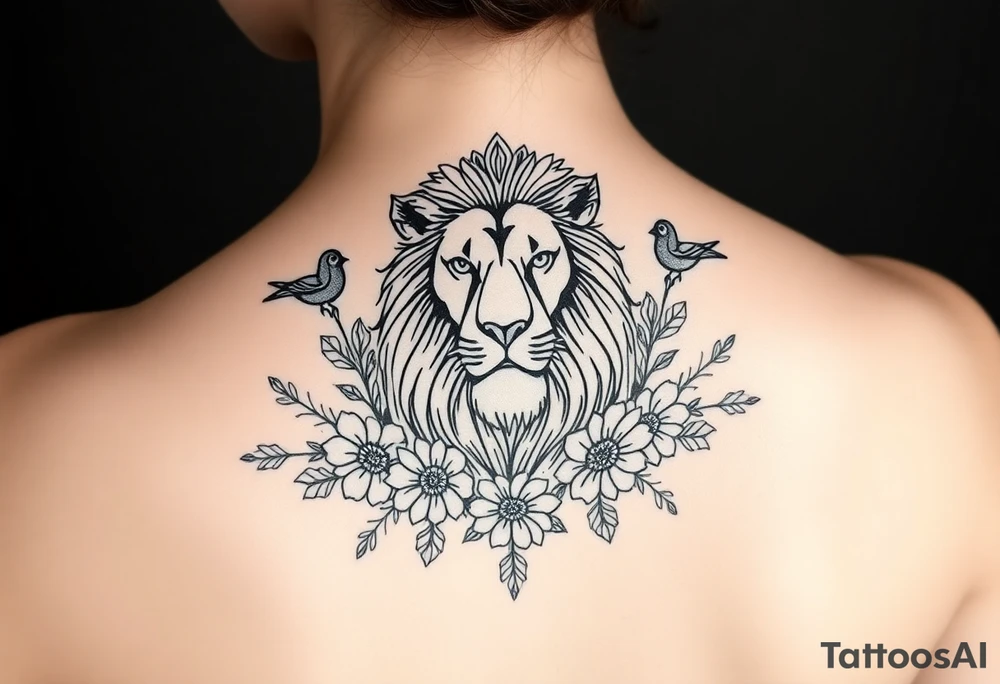 powerful majestic lion with a crown, surrounded by floral ornaments and birds tattoo idea