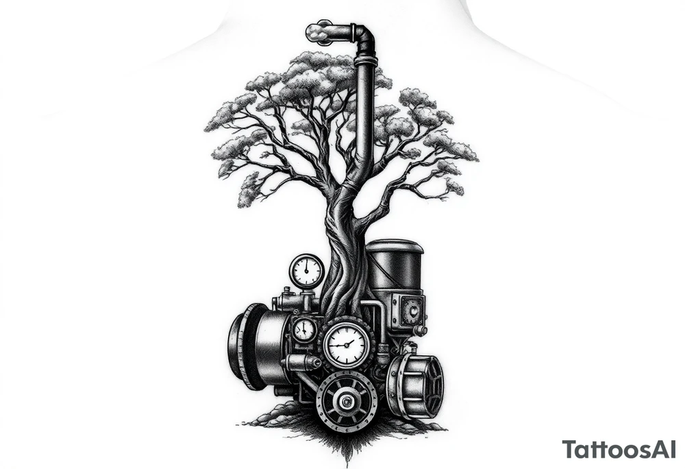 tree growing out of a v shaped engine with lots of pipes, guages and steam around the engine 
 with a smoke stack coming out of the top of the tree billowing black smoke with a steam punk vibe tattoo idea